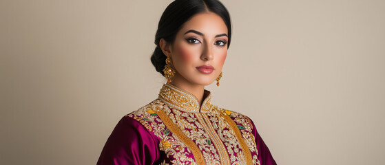  A portrait that celebrates the stunning contrast between the deep, rich maroon of the silk blouse and the warm, bright gold of the elaborate jewelry and embroidery