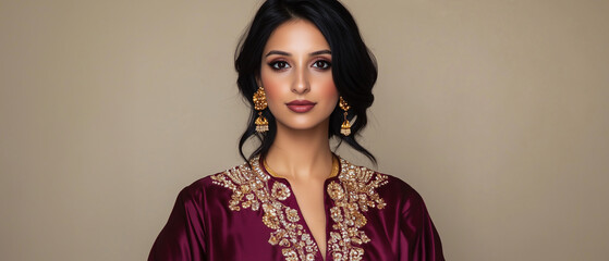  A portrait that celebrates the stunning contrast between the deep, rich maroon of the silk blouse and the warm, bright gold of the elaborate jewelry and embroidery