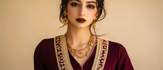  The lighting in this portrait is tuned to a slightly warm tone, enhancing the golden hues of the jewelry and embroidery and complementing the subject's skin tone and warm brown lipstick