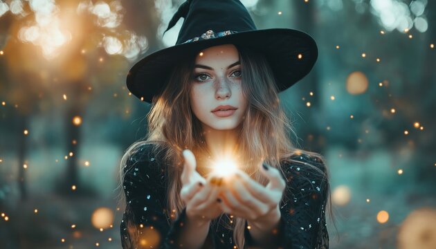 Young Woman In Witch'S Hat Performing Witchcraft And Magic With Spells In A Spooky Dark Forest. Magician At Wide Halloween Party.
