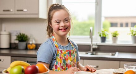 Young girl with Down syndrome smiling proudly in kitchen wearing colorful apron preparing cooking activity