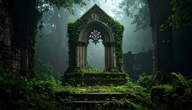 Moss-covered stone archway surrounded by dense forest in a misty, enchanting atmosphere during early morning hours