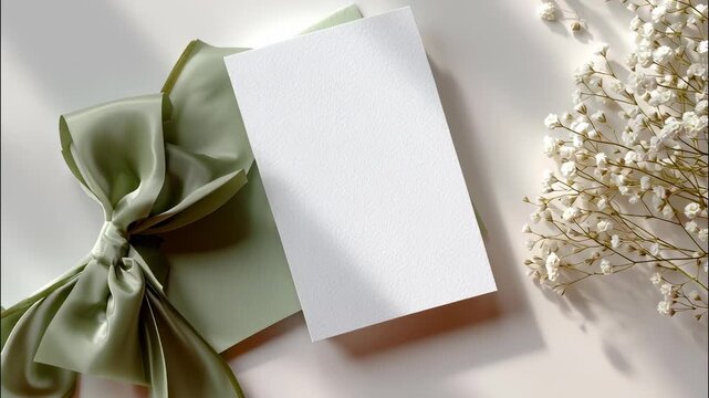 Elegant wedding stationery mockup scene featuring with blank card, green envelope a bow and white gypsophila flowers, perfect for showcasing your designs video 4k