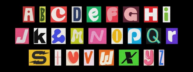 Cut-out colorful alphabet letters collage on black background, ransom style