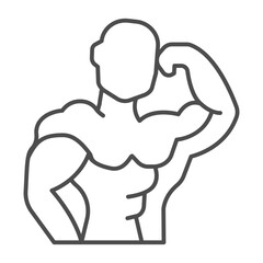 Muscular body of athlete man thin line icon, body building concept. Vector graphics. Bodybuilder man muscles sign on white background, outline style icon for mobile or web design.