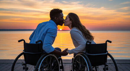 Romantic couple in wheelchairs kissing at sunset near the sea symbolizing inclusive love and shared happiness