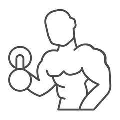 Muscular man with dumbbell thin line icon, body building concept. Vector graphics. Athlete with body muscles, training sign on white background, outline style icon for mobile or web design.