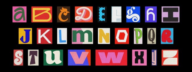 Ransom style alphabet collage, colorful cut-out letters on dark black background
