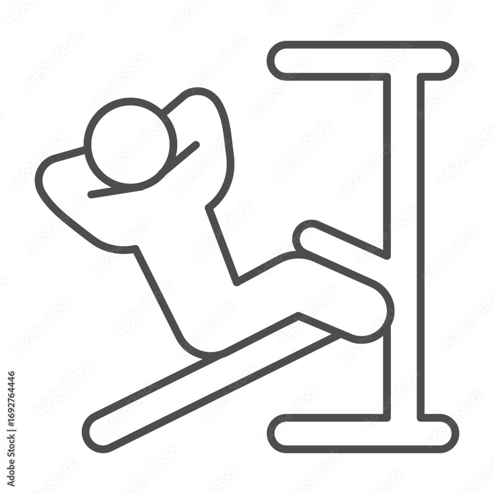 Poster man with exercise machine thin line icon, body building concept. vector graphics. athlete man doing 