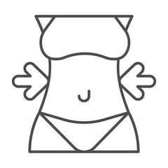 Woman figure with bikini and bra thin line icon, body building concept. Vector graphics. Diet arrows and waist measurement sign on white background, outline style icon for mobile or web design.