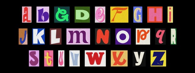 Retro ransom alphabet cut-out collage on black, colorful typography for poster design