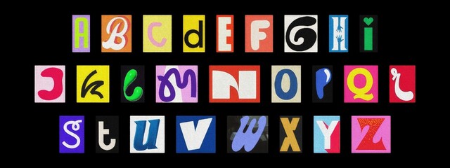 Retro ransom alphabet cut-out collage on black, colorful typography for poster design