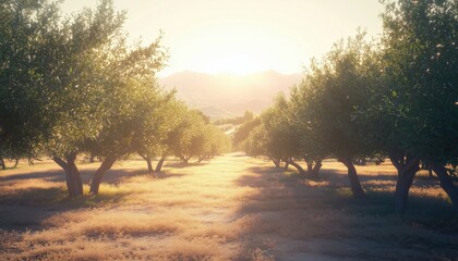Stunning Sunlight On Olive Plantation In Bakersfield, California. Captivating Views Of Olive Groves In The Lush Countryside Setting.