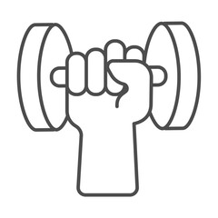 Small dumbbell in hand thin line icon, body building concept. Vector graphics. Hand with small dumbbell, sport training sign on white background, outline style icon for mobile or web design.