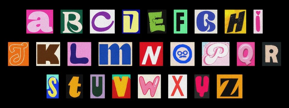 Retro ransom alphabet cut-out collage on black, colorful typography for poster design