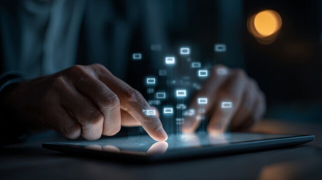 Hands interacting with a tablet display, illuminated by soft light, showcasing digital icons and data streams to represent advanced technology and communication concepts effectively.