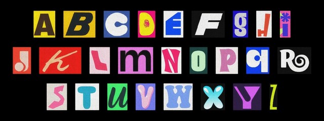 Crime style ransom alphabet collage, cut-out colorful letters on black background