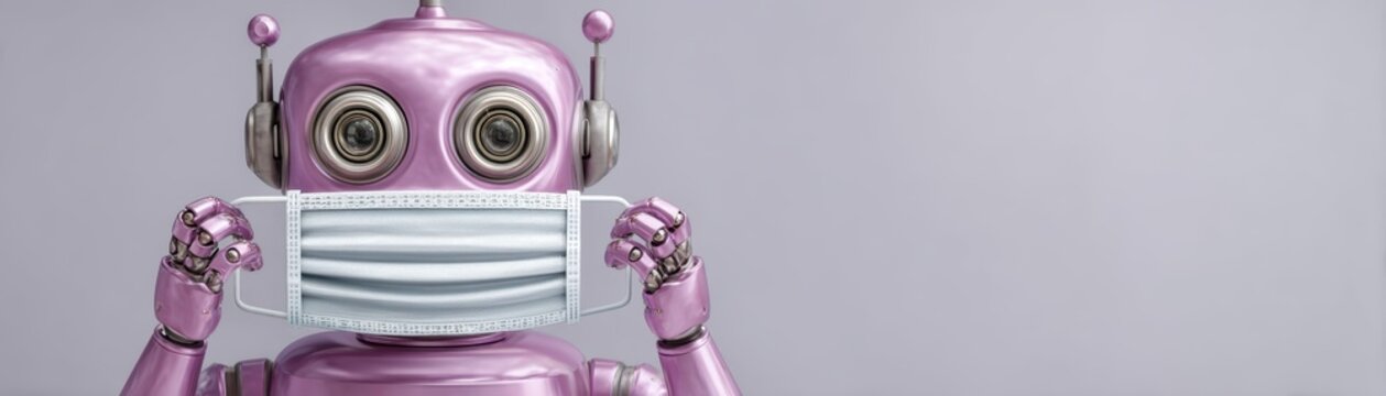 A shiny pink robot wearing a medical mask, holding the mask in front of its face, set against a simple gray background with space for text, cute doctor robot