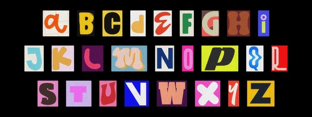 Creative scrapbook ransom alphabet collage with cut-out letters on black background