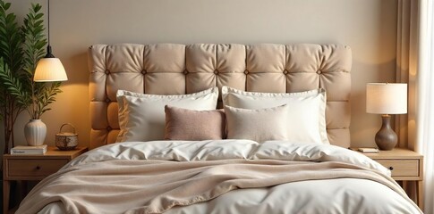 Cozy bedroom scene featuring a headboard made entirely of plush cushions in various shades of beige and cream, offering a relaxed and luxurious feel , home, cushions, home decor