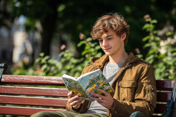 Young adult with dyslexia reading a graphic novel on a park bench, sunny day, relaxed vibe, inclusion and accessibility theme.