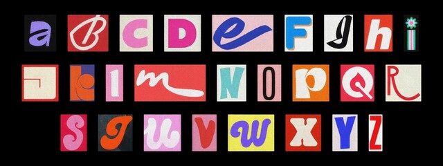 Typography collage of ransom alphabet cut-out letters on black background