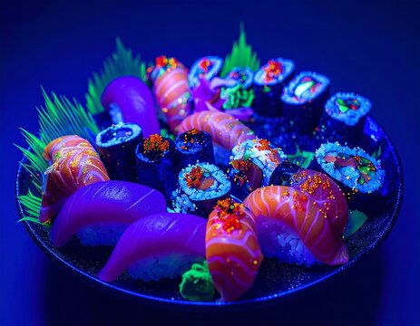UV-Reactive Sushi Platter with Assorted Nigiri, Sashimi, and Rolls