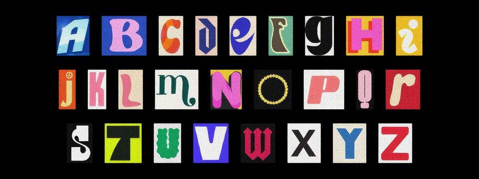 Typography collage of ransom alphabet cut-out letters on black background