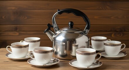 Tea set with kettle and cups on wooden table.
