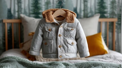 Cozy baby jacket hanging in a well-decorated bedroom with nature-themed wallpaper during daylight hours