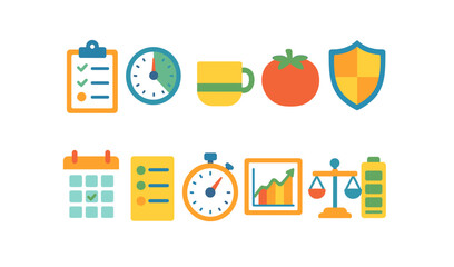 Business and health flat icon set. productivity, wellness, essential icons collection