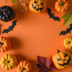 Halloween themed pumpkins, bats and leaves arranged on an orange background