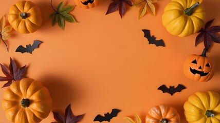 Halloween themed pumpkins, bats and leaves arranged on an orange background