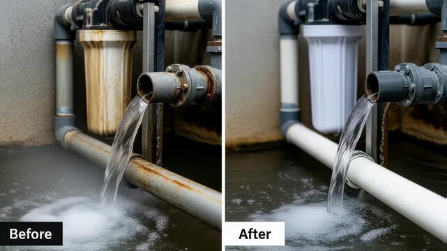 Splitscreen comparison showing before and after of greywater system upgrade enhancing water purification and flow efficiency.