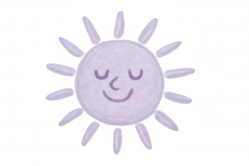 Cheerful purple sun character with closed eyes, hand-drawn cartoon style graphic, whimsical design for kids' content