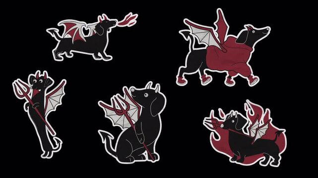 Flat paper stickers of funny winged dachshunds in red outfits, breathing fire. Alpha transparency.