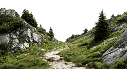 Scenic rocky mountain trail, isolated on transparent cutout background