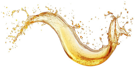 Curved splash of golden beer with foam bubbles, isolated on transparent cutout background