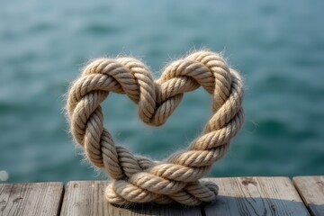 Fototapeta premium Two intertwined ropes forming a heart on a dock. 