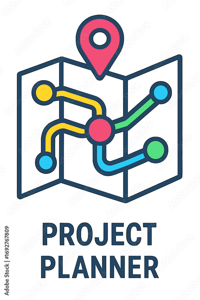 Poster project planner map graphic with map and connection paths in colors