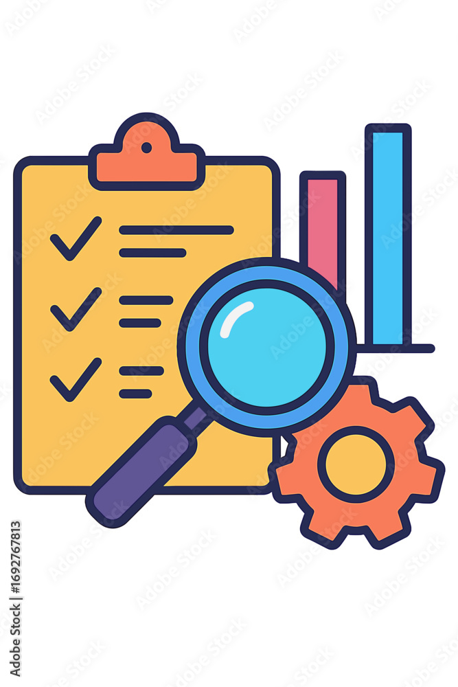 Poster checklist with magnifying glass and graphs in colorful style operations review tools