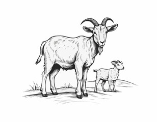 Goat farm hand drawn engraving style sketch Vector illustration.