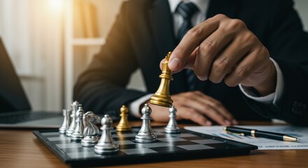 Businessman Hand Moving Gold Chess King Piece in Strategic Checkmate Moment on Office Chessboard