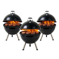 Three black charcoal kettle grills with food cooking on a transparent background