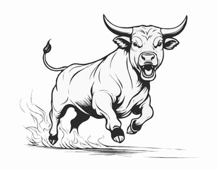 Angry bull running in fire hand drawn sketch Vector illustration.