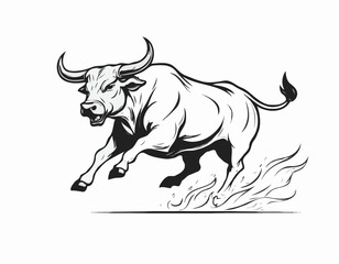 Angry bull running in fire hand drawn sketch Vector illustration.