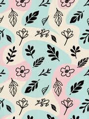 Abstract Pastel Background with Hand-Drawn Black Botanical Elements