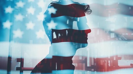 A woman stands in front of the American flag, representing patriotism and national pride - Powered by Adobe