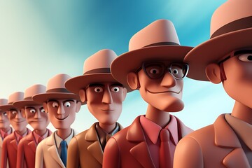A line of cartoonish men in hats smiling against a vibrant sky, showcasing camaraderie and style