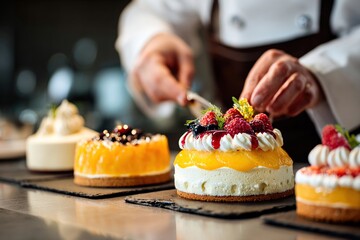 pastry chef decorating elegant fruit cakes with fresh raspberries, blueberries, whipped cream and glaze in a professional kitchen, showcasing gourmet patisserie and artisanal dessert presentation